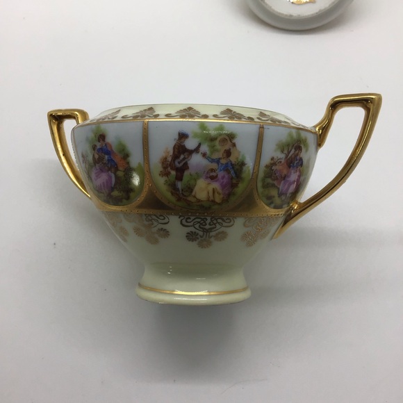 Covered Sugar And Creamer NC West Germany Hand Painted Love Story Courting Scene - Picture 9 of 11
